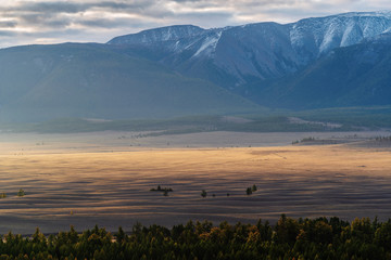 Morning in the Kurai steppe, view of the North Chuysky ridge. Kosh-Agachsky District, Altai Republic, Russia