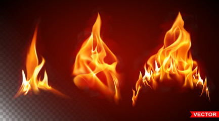Realistic burning big fire flames with shiny bright elements. Isolated on black background. Power, fuel and energy symbol. Layered vector icon set. © GB_Art