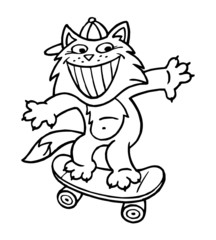 Cat on skateboard with baseball cap, sporting animal black and white cartoon