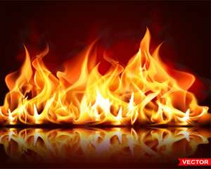 Realistic many burning big fire flames with shiny bright elements. Power, fuel and energy symbol. Layered vector background.