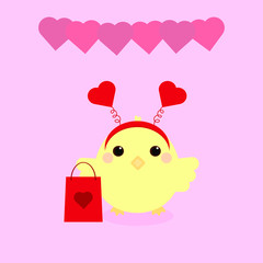 This is cute chicken in hair hoop with  heart and gift box. Outline vector chick isolated on pink background. Could be used for flyers, banners, postcards, holidays decorations.
