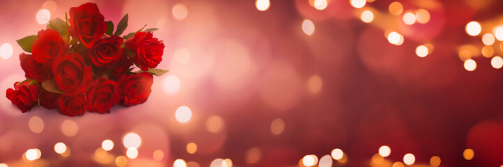 valentinstag hintergrund roten rosen blumen und unscharfen lichtern , konzept banner mit textfreiraum
