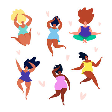 Body positive with multiracial women of different figure type. Vector flat style illustration happy plus size girls are dancing with hearts isolated on white background. Female cartoon character