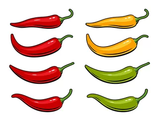 Fotobehang Hot chili peppers set isolated on white background. Vector illustration of red, yellow and green peppers. © kuroksta