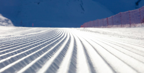 Corduroy texture snow at winter ski resort, Solden, Austria, Europe top of the ski slopes are prepared trail snowcat
