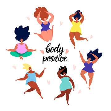 Quote body positive with multiracial women of different figure type. Vector flat style illustration happy plus size girls are dancing with hearts isolated on white background. Female cartoon character