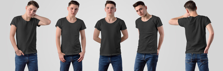 Set of 5 black t-shirts on a young guy isolated on a white background for design presentation.