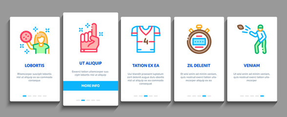 Rugby Sport Game Tool Onboarding Mobile App Page Screen Vector. Rugby Ball And Gates, Athlete Protection Equipment And Glove, Helmet And Stopwatch Concept Linear Pictograms. Color Contour