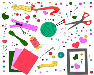 needlework in the store for creativity; material for creativity and hobby; ribbons, needles, threads, beads, paper, buttons, frames, scissors