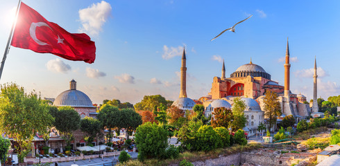 Hagia Sophia Museum and the flag of Turkey, Istanbul