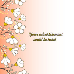 Floral background. Vertical border of white with yellow flowers, yellow dots and leaves. Tangerine with a white background, gradient.