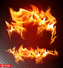 Realistic burning double fire flame with shiny bright elements. Isolated on black background. Power, fuel and energy symbol. Layered vector. © GB_Art