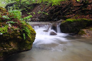 Fototapeta premium Stream with waterfall and mossy stones around