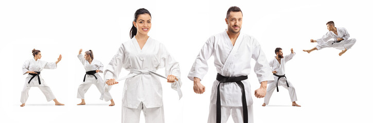 Male and female in karate kimonos standing in front of men and women practicing martial arts © Ljupco Smokovski