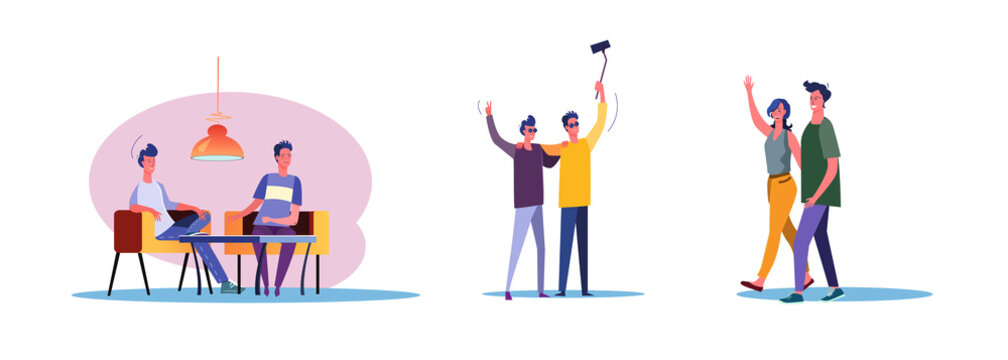 Set of casual men and women being friends. Flat vector illustrations of young people enjoying each others company. Friendship and relationship concept for banner, website design, landing web page