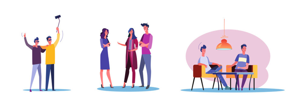 Set of casual people having fun together. Flat vector illustrations of men and women being friends. Friendship and relationship concept for banner, website design or landing web page