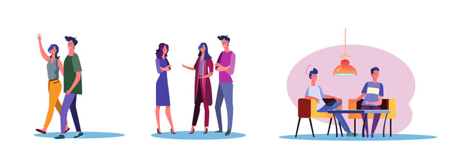 Set of casual people having warm friendship. Flat vector illustrations of men and women being close to each other. Friendship and relationship concept for banner, website design or landing web page