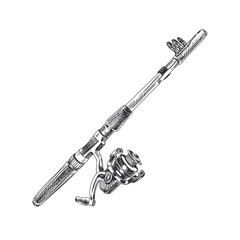 Fishing rod hand drawn black and white vector illustration