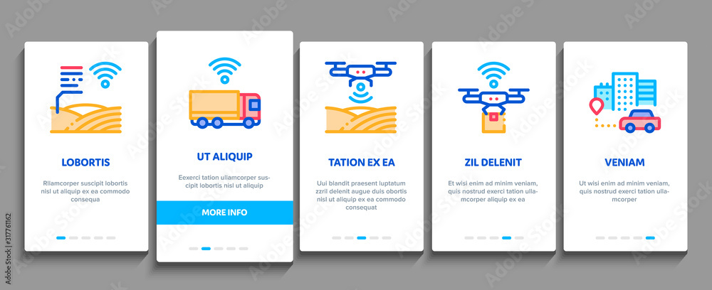 Canvas Prints Internet Of Things IOT Onboarding Mobile App Page Screen Vector. Wifi Signal In Bus And Truck, Cctv Camera And Drone Internet Of Things Concept Linear Pictograms. Color Contour Illustrations