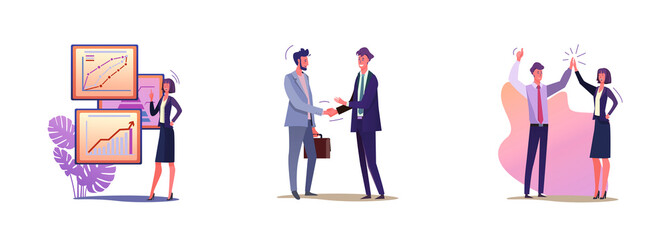 Set of business people greeting each other. Flat vector illustrations of men and women in suits having meetings. Business and public speaking concept for banner, website design or landing web page