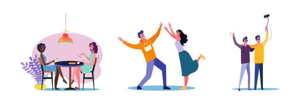 Set of casual men and women hanging out together. Flat vector illustrations of young people being friendly. Friendship and relationship concept for banner, website design, landing web page