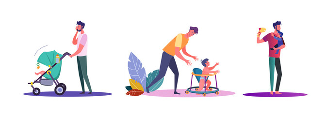 Set of casual men hanging out with their children. Flat vector illustrations of young men experiencing being dads. Fatherhood and parenting concept for banner, website design or landing web page