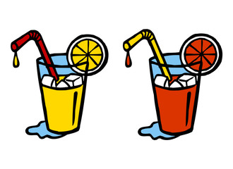 glass with mixed fruit drink and ice cubes with straw and orange slice, color clipart
