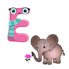 Vector Cute Childish Cartoon English Alphabet. Letter E With Elephant. The Letter Like Fictional Character. Flat style. Vector illustration