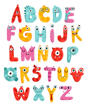 Cute Childish Cartoon English Alphabet Isolated On the White Background. Letters are in Little Monsters Style. Flat Style. Vector Illustration