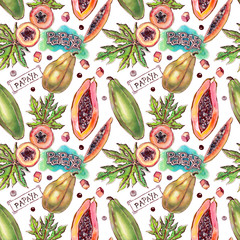 Watercolor illustration, seamless pattern of papaya leaves and slices 