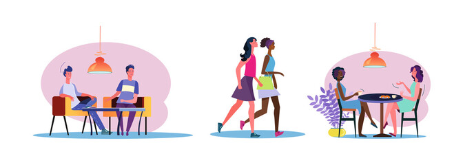 Set of casual men and women hanging out. Flat vector illustrations of people enjoying each others company. Friendship and relationship concept for banner, website design, landing web page