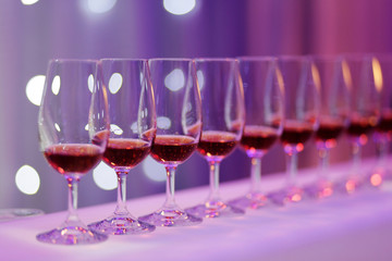 Close-up / selective focus a flight of rum. A rum tasting at the event. 