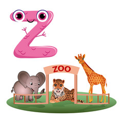 Fototapeta premium Vector Cute Childish Cartoon English Alphabet. Letter Z With Zoo. The Letter Like Little Monster. Flat style. Vector illustration