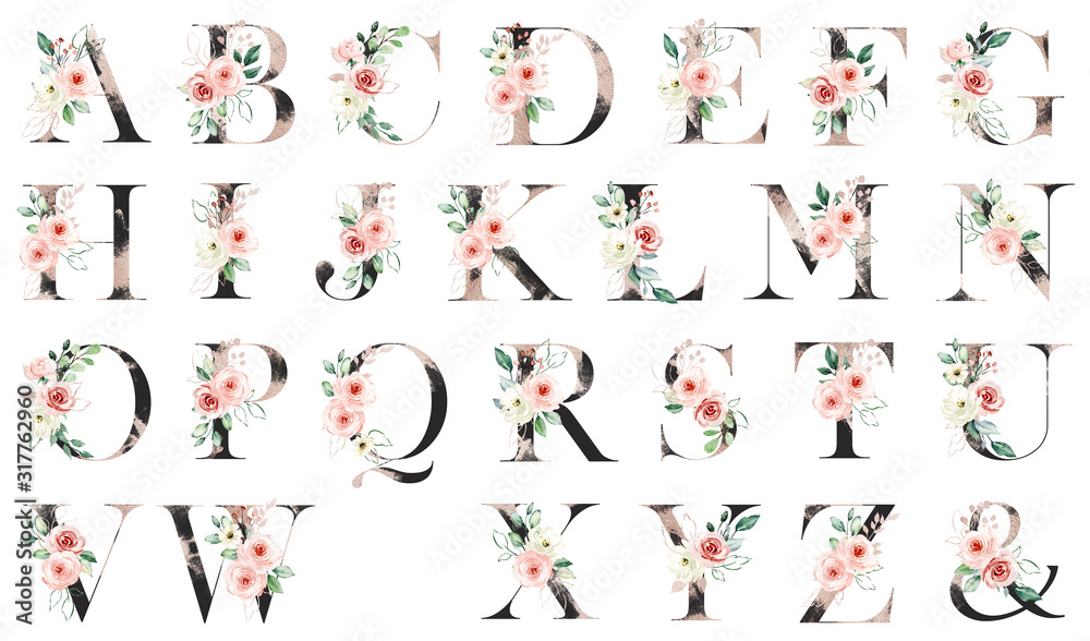 Wall mural Floral alphabet, letters with watercolor flowers roses and leaf. Monogram initials perfectly for wedding invitations, greeting card, logo, poster and other. Holiday design hand painting.