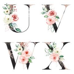 Floral alphabet, letters with watercolor flowers roses and leaf. Monogram initials perfectly for wedding invitations, greeting card, logo, poster and other. Holiday design hand painting.