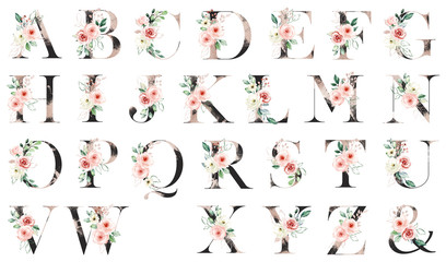 Fototapeta na wymiar Floral alphabet, letters with watercolor flowers roses and leaf. Monogram initials perfectly for wedding invitations, greeting card, logo, poster and other. Holiday design hand painting.