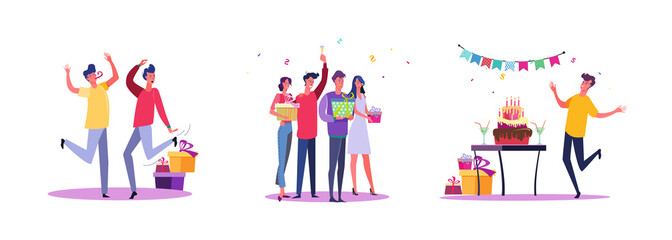 Set of casual people having birthday party. Flat vector illustrations of men and women celebrating event. Celebration and festivity concept for banner, website design or landing web page