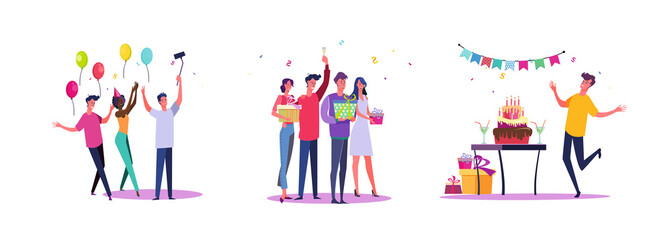 Set of casual people having fun at birthday. Flat vector illustrations of men and women being happy at event. Celebration and festivity concept for banner, website design or landing web page