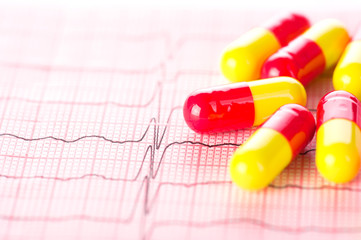 Cardiology. Macro of ECG graph and cardio pills. Shallow depth of field
