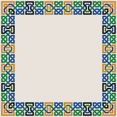 Colorful Ornate Vector Border of Moorish Tiled Decorations. Mosaic frame in Palace of Alhambra Style.