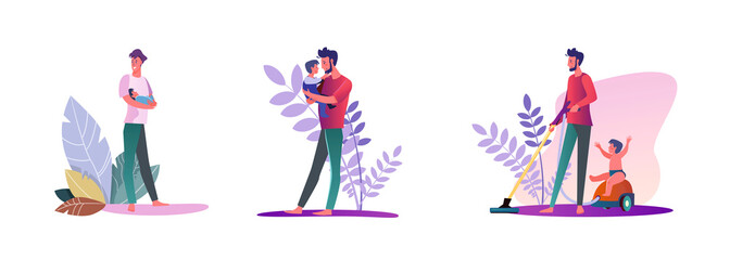 Set of young men being single fathers. Flat vector illustrations of casual men spending time with their kids. Fatherhood and parenting concept for banner, website design or landing web page