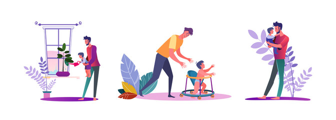 Set of casual men spending time with their kids. Flat vector illustrations of young men being dads. Fatherhood and parenting concept for banner, website design or landing web page
