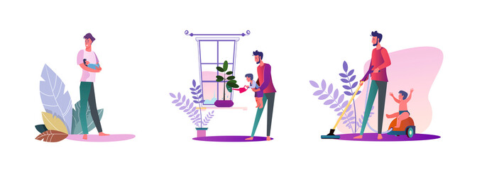 Set of young men being dads. Flat vector illustrations of casual men doing activities with their kids indoors. Fatherhood and parenting concept for banner, website design or landing web page