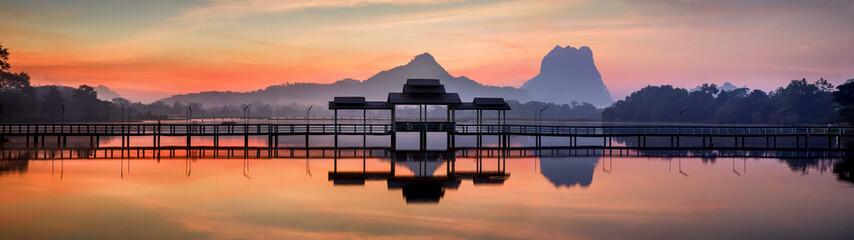 Amazing park landscape panorama at sunrise
