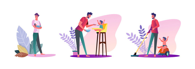 Set of young men spending time with their kids. Flat vector illustrations of casual men being dads. Fatherhood and parenting concept for banner, website design or landing web page