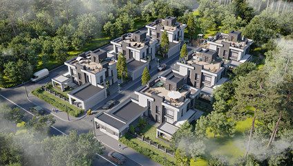 Aerial view of a townhouse village / gated community with roof terrace in the foggy morning, 3d rendering