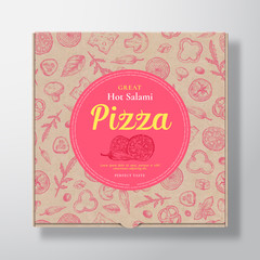 Hot Salami Pizza Realistic Cardboard Box. Abstract Vector Packaging Design or Label. Modern Typography, Sketch Seamless Pattern of Cheese, Tomato, Sausages. Craft Paper Background Layout.