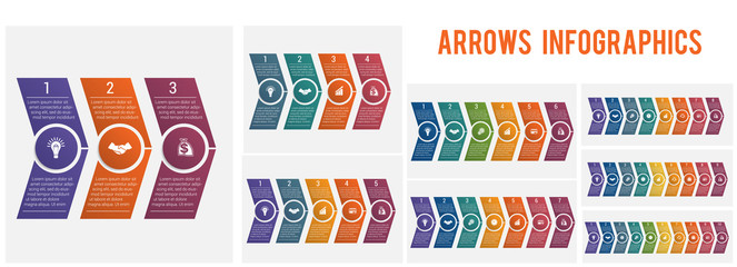 Horizontal numbered color arrows. Text template infographic for 3 4 5 6 7 8 9 10 positions