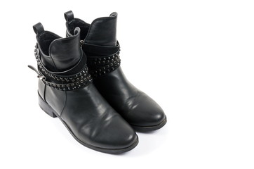 Elegant female leather shoe on the white