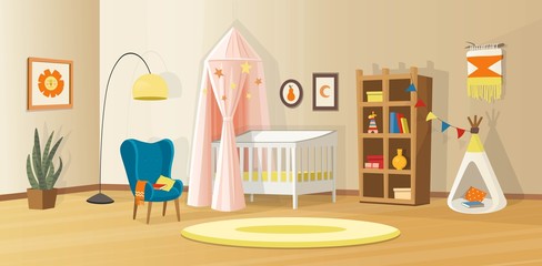 Obraz premium Cozy kids interior with toys, cradle, bookcase, armchair, kids tent and lamp. Scandinavian vector interior in cartoon style.